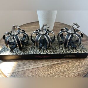 New! CHRISTIAN SIRIANO 3 Pack - Halloween Metal Pumpkins Black Silver Fall Decor
